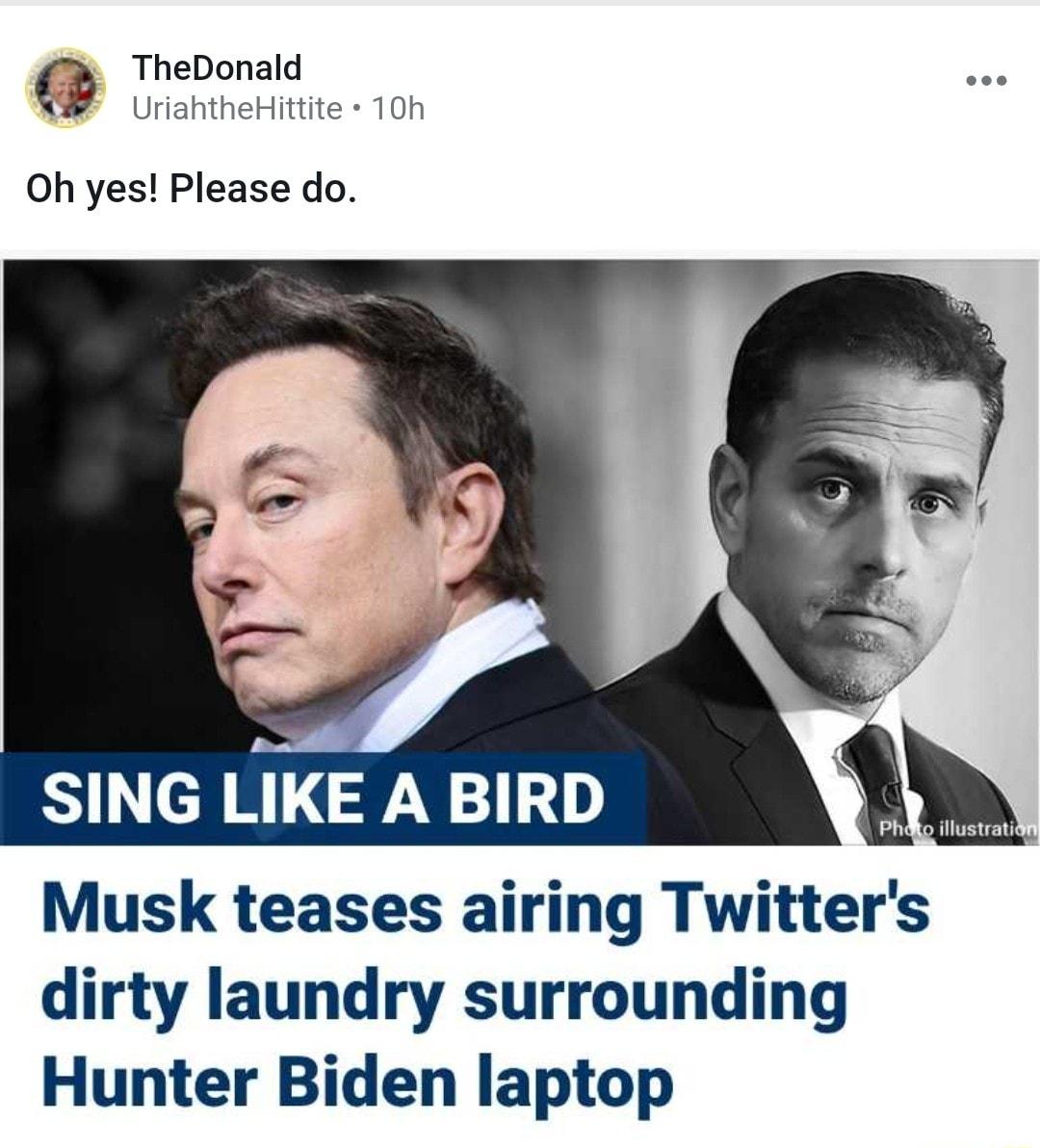 TheDonald UriahtheHittite 10n Oh yes Please do et SING LIKE A BIRD Musk teases airing Twitters dirty laundry surrounding Hunter Biden laptop