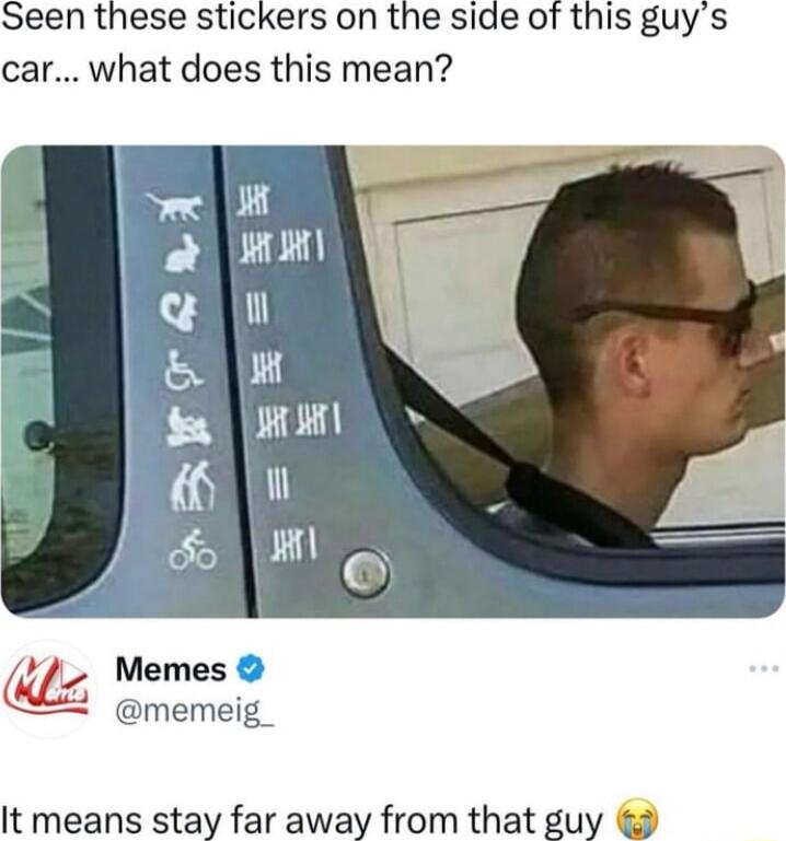 een these stickers on the side of this guys car what does this mean Memes memeig_ It means stay far away from that