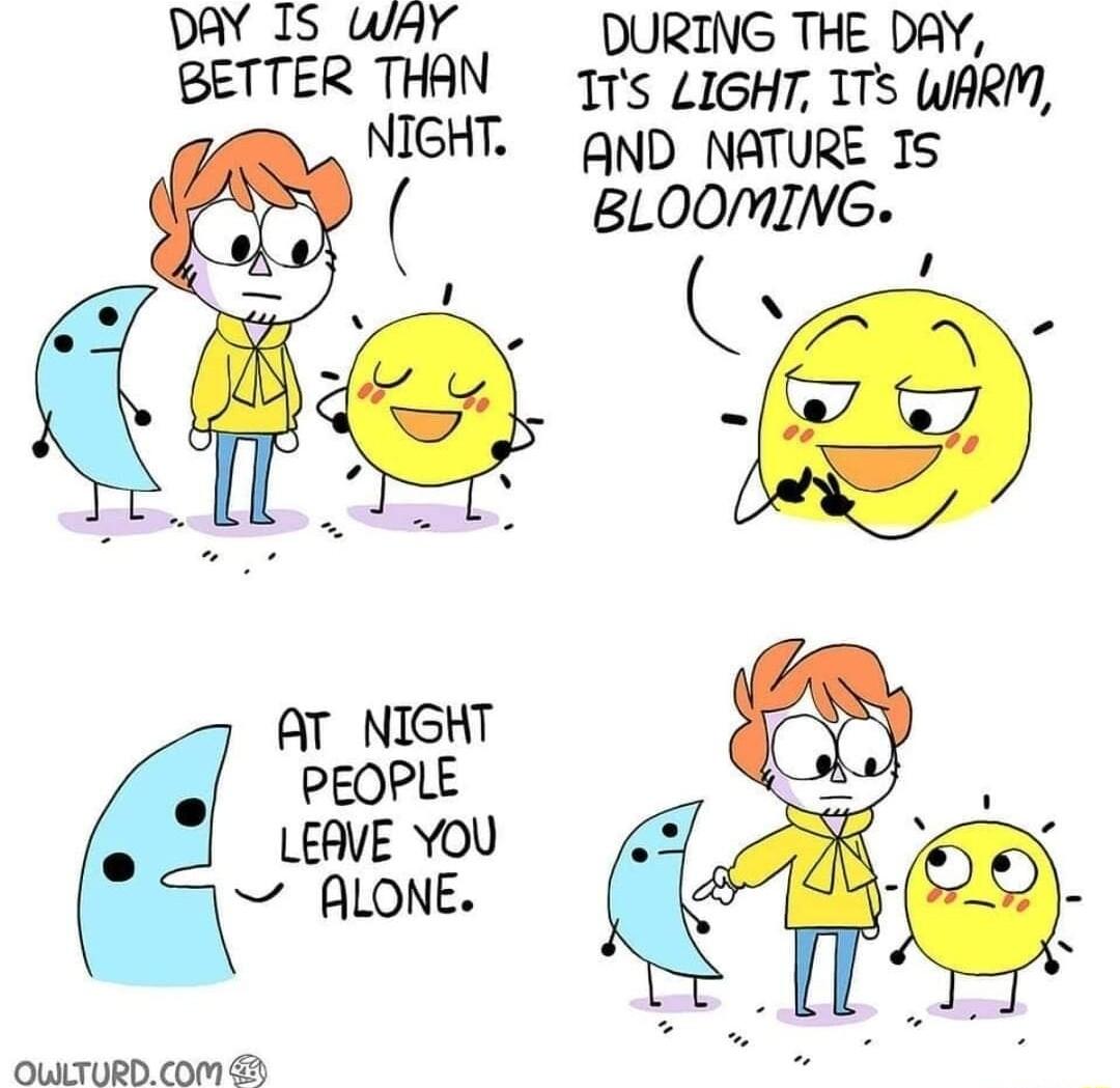 DAY 15 Why DURING THE DAY BETTER IIHGRN 105 LIGHT 1Ts WARM AND NATURE T5 LOOMIVG AT NIGHT PEOPLE LEAVE YOU o ALOKE Q OULILTURD COM 8