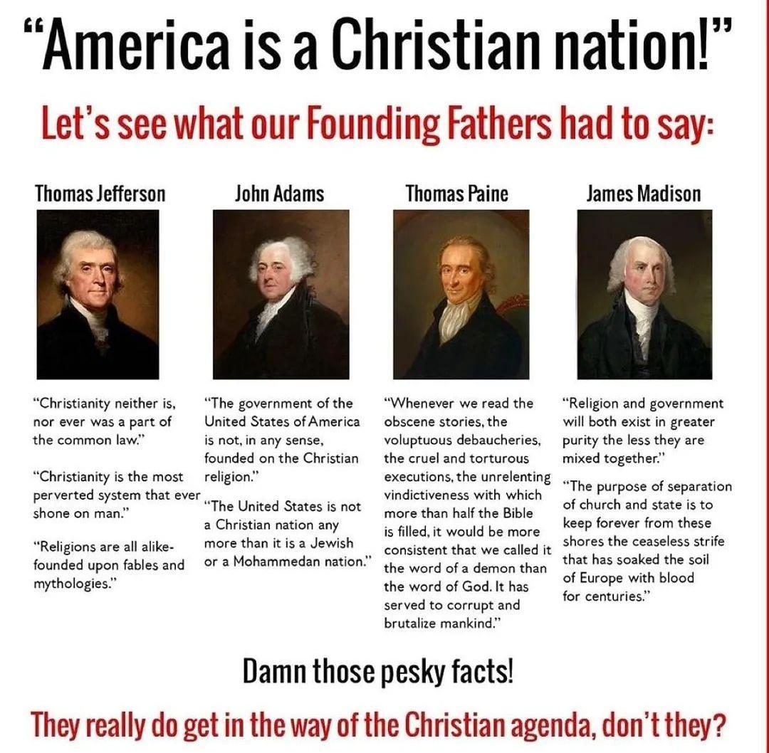 America is a Christian nation Lets see what our Founding Fathers had to say Thomas Jefferson John Adarms Thomas Faine James Madison Damn those pesky facts They really do get in the way of the Christian agenda dont they