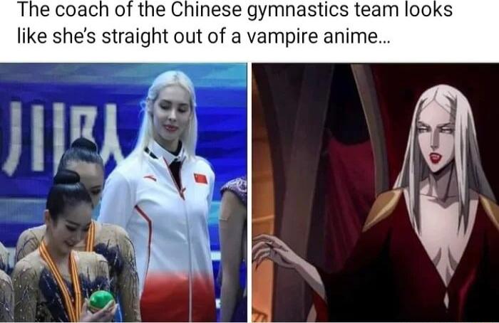 The coach of the Chinese gymnastics team looks like shes straight out of a vampire anime