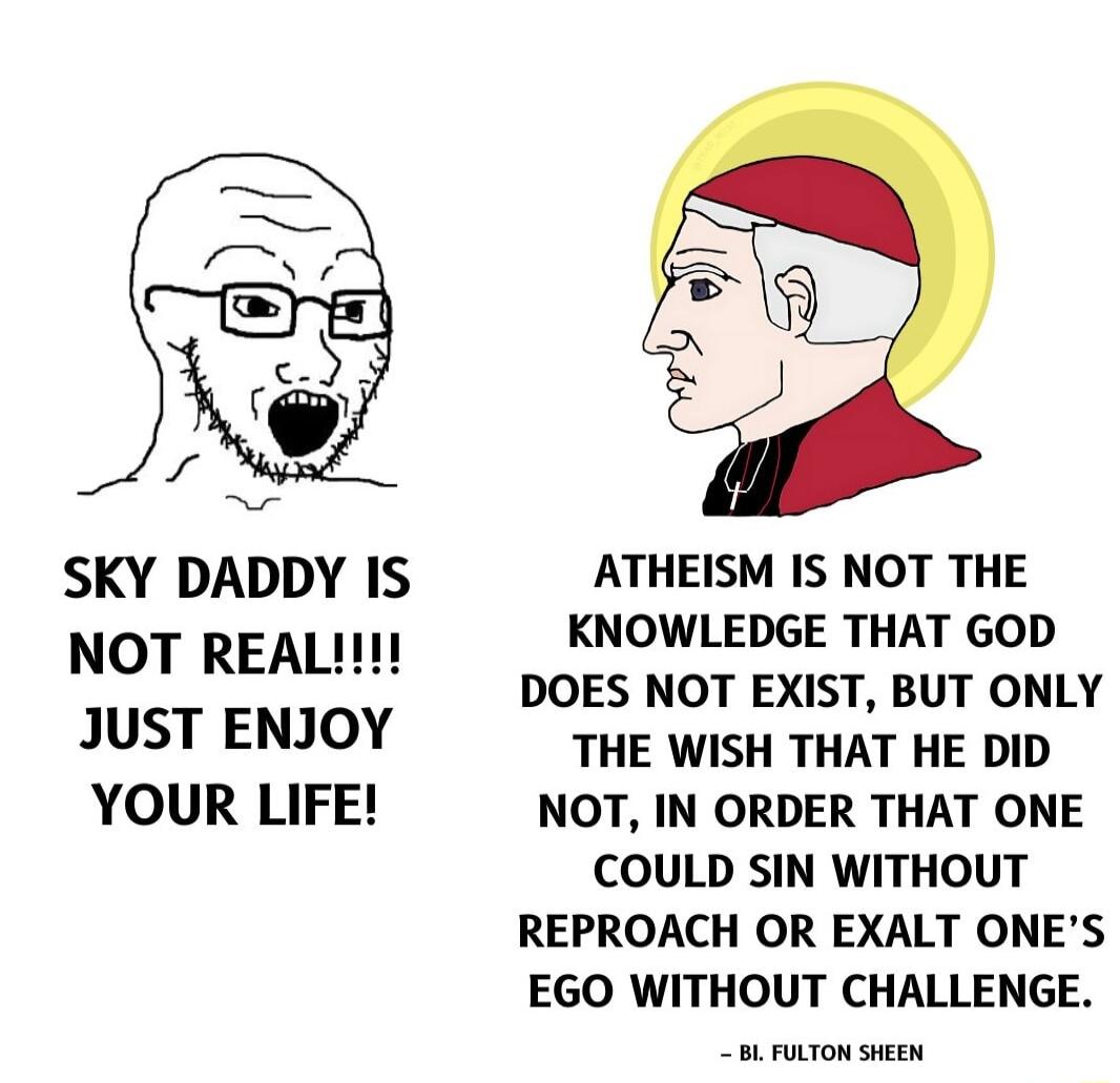 SKY DADDY IS ATHEISM IS NOT THE n KNOWLEDGE THAT GOD NOTREALII DOES NOT EXIST BUT ONLY JUST ENJOY THE WISH THAT HE DID YOUR LIFE NOT IN ORDER THAT ONE COULD SIN WITHOUT REPROACH OR EXALT ONES EGO WITHOUT CHALLENGE Bl FuLTON SHeEN