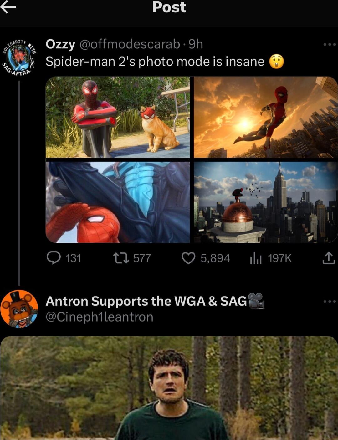 i Post 0zzy offmodescarab 9h Spider man 2s photo mode is insane Q131 0 577 Q5894 197K A Antron Supports the WGA SAG Cinephileantron