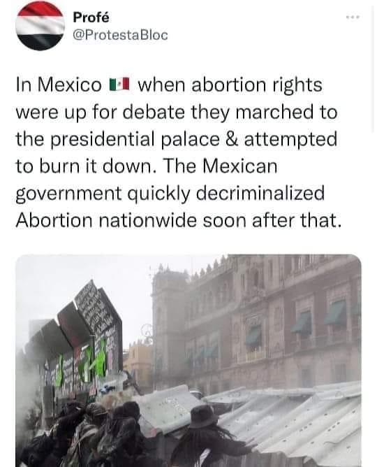 In Mexico B8 when abortion rights were up for debate they marched to the presidential palace attempted to burn it down The Mexican government quickly decriminalized Abortion nationwide soon after that