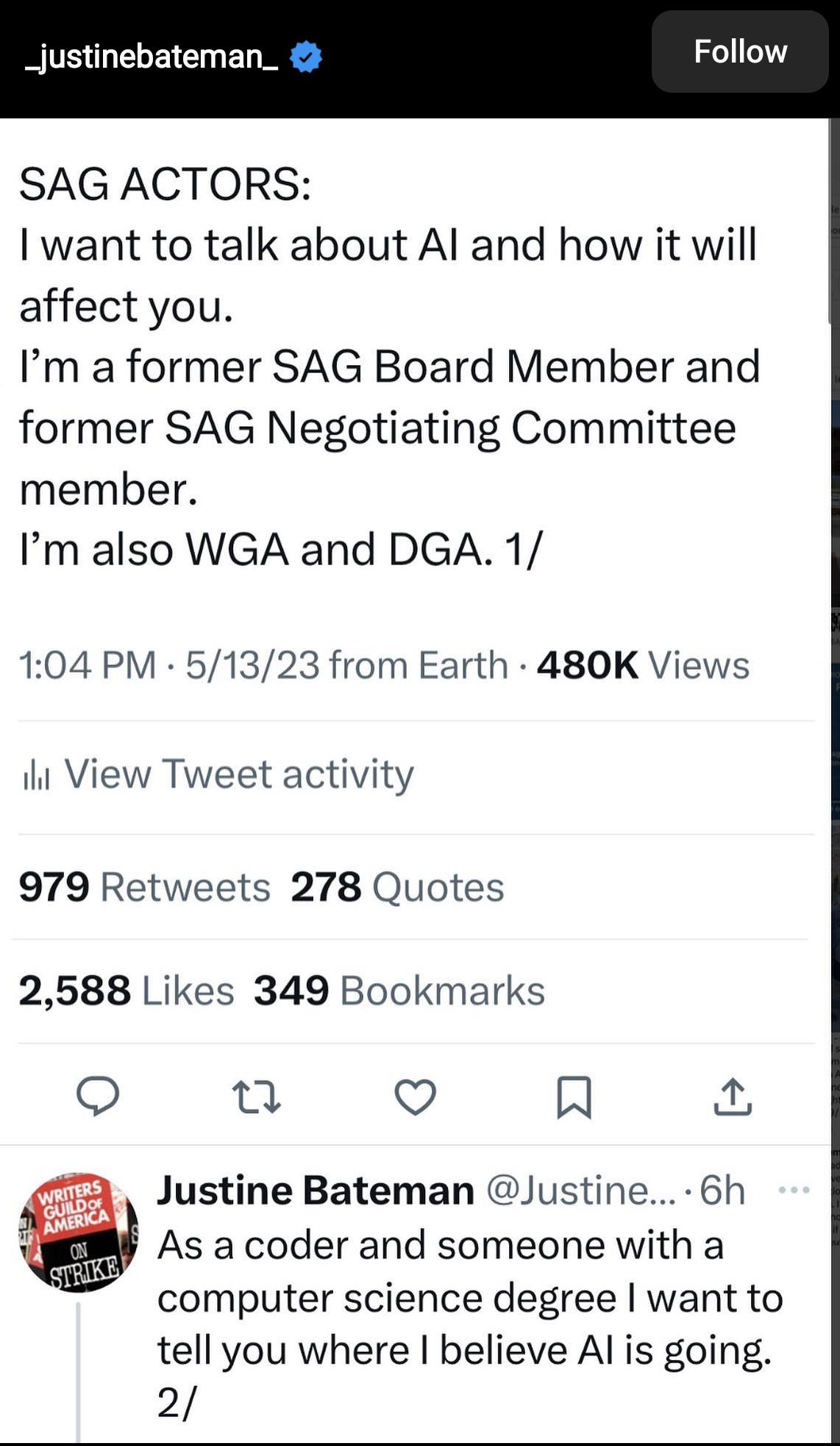 VS ELETE L SAG ACTORS I want to talk about Al and how it will affect you Im a former SAG Board Member and former SAG Negotiating Committee member Im also WGA and DGA 1 104 PM 51323 from Earth 480K Views it View Tweet activity 979 Retweets 278 Quotes 2588 Likes 349 Bookmarks n o N Justine Bateman Justine 6h As a coder and someone with a computer science degree want to tell you where believe Al is g