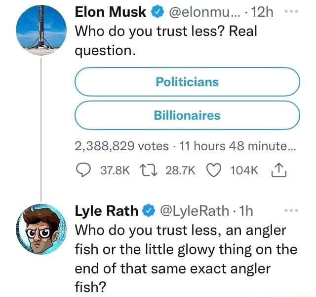Elon Musk elonmu 12h Who do you trust less Real question 2388829 votes 11 hours 48 minute Q 378k 1 287k Q 104K N Lyle Rath LyleRath 1h Who do you trust less an angler fish or the little glowy thing on the end of that same exact angler fish