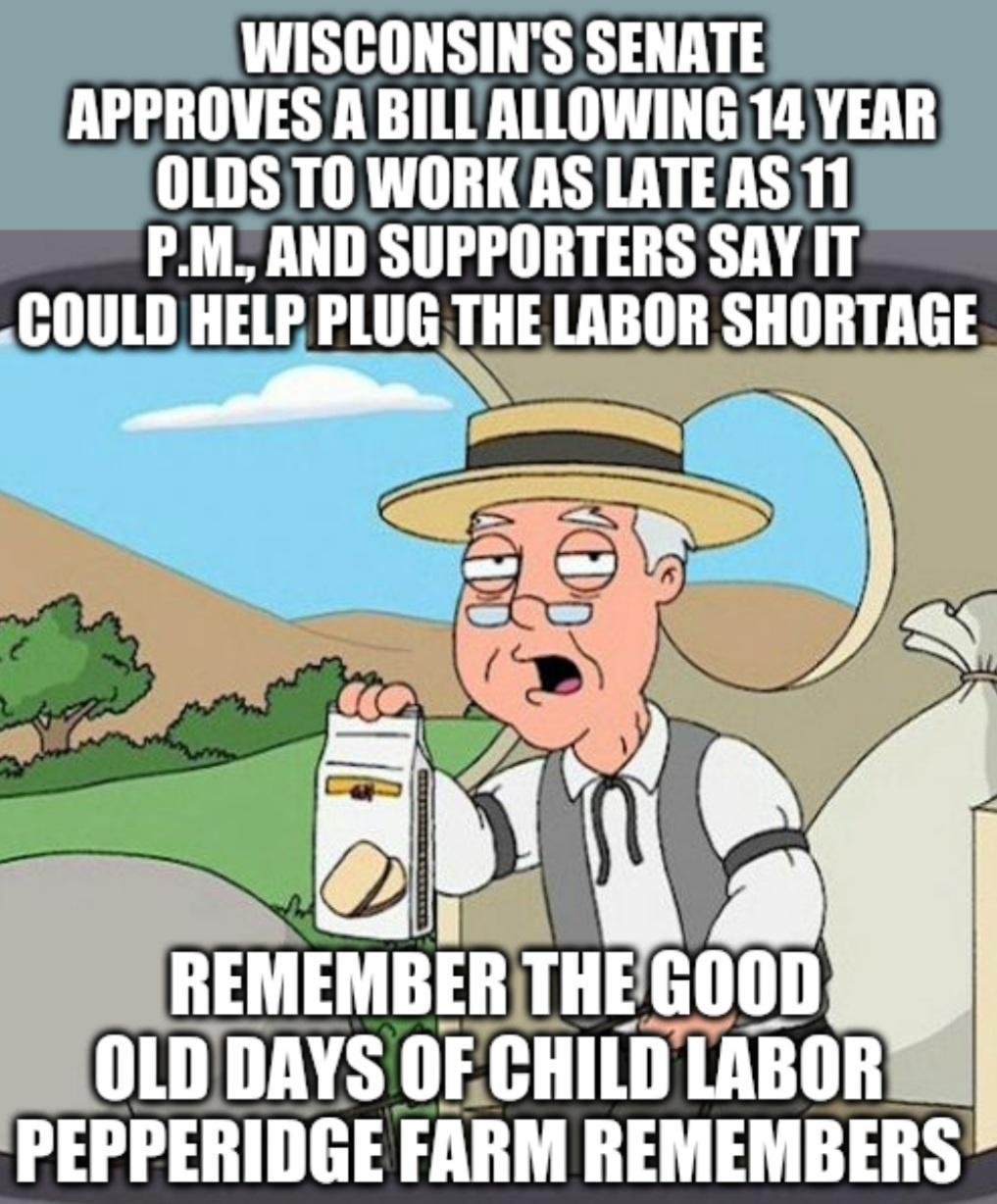 WISCONSINS SENATE APPROVES A BILUALLOWING 14 YEAR 0LDST0O WORKAS LATE AS Ll PM_ AND SUPPORTERS SAY IT COULD HELP PLUG THE LABOR SHORTAGE IIEMEMBE vLIIEI IIIIII OLDDAYS OECHILDTABOR PEPPERIDGE FARM REMEMBERS