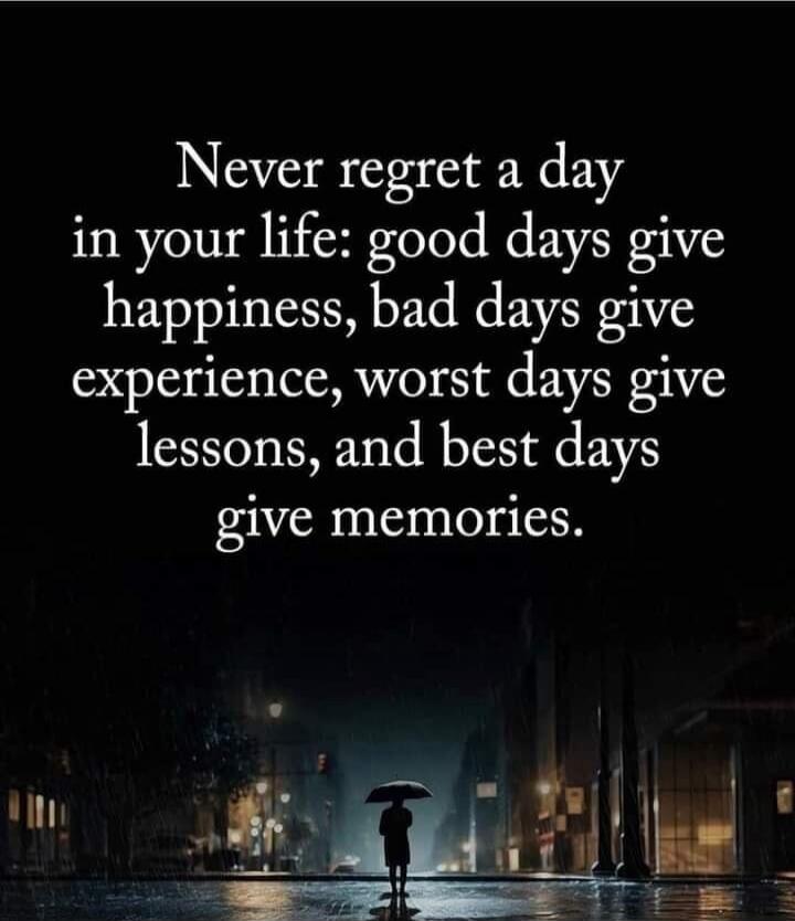 Never regret a day in your life: good days give happiness, bad days give experience, worst days give lessons, and best days give memories.