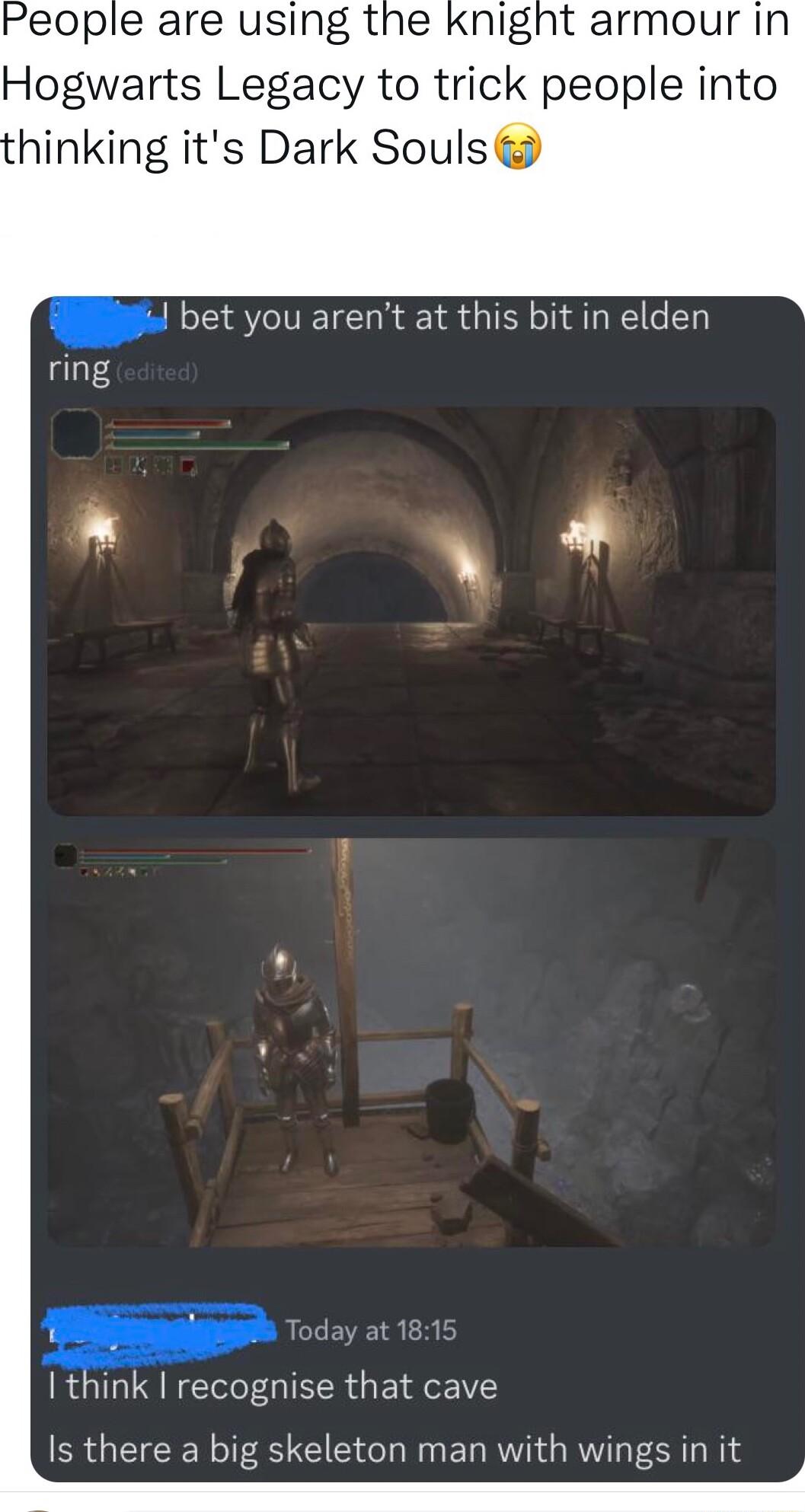 People are using the knight armour in Hogwarts Legacy to trick people into hinking its Dark Souls l bet you arent at this bit in elden ring L Q think recognise that cave Is there a big skeleton man with wings in it