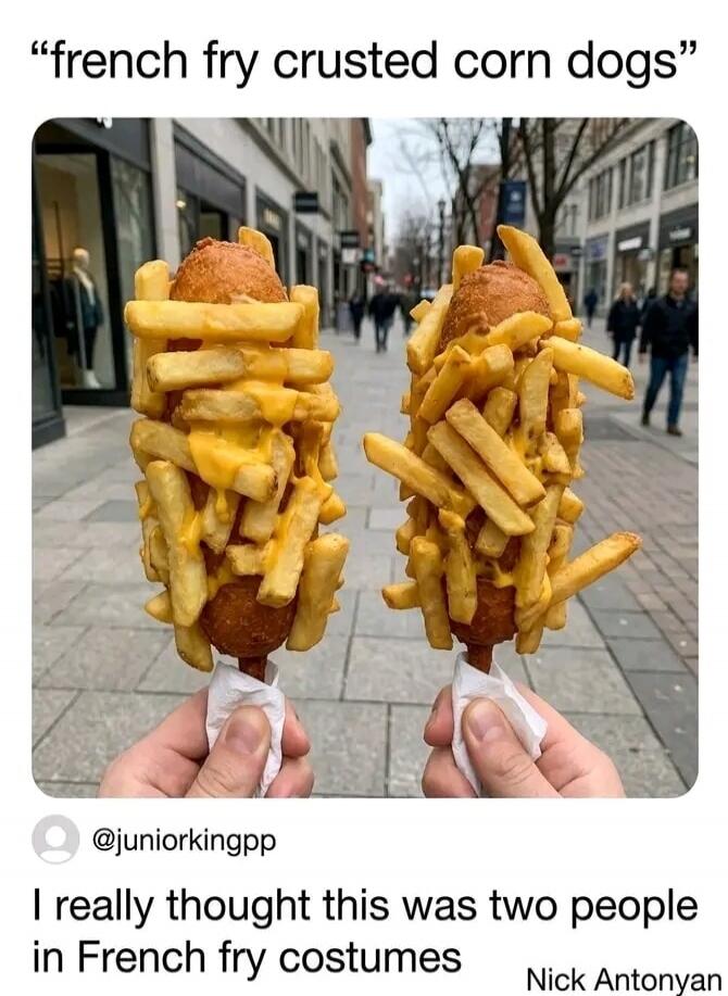 french fry crusted corn dogs. I really thought this was two people in French fry costumes. @juniorkingpp. Nick Antonyan.