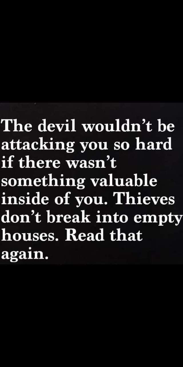 The devil wouldnt be attacking you so hard if there wasnt something valuable inside of you Thieves dont break into empty houses Read that again