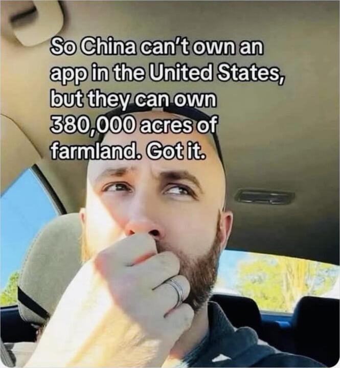 So China can't own an app in the United States, but they can own 380,000 acres of farmland. Got it.