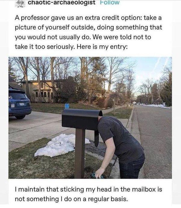 53 Chaotic archaeologist ollow A professor gave us an extra credit option take a picture of yourself outside doing something that you would not usually do We were told not to take it too seriously Here is my entry maintain that sticking my head in the mailbox is not something do on a regular basis