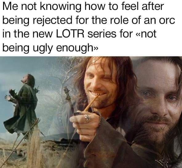 Me not knowing how to feel after being rejected for the role of an orc in the new LOTR series for not being ugly enough