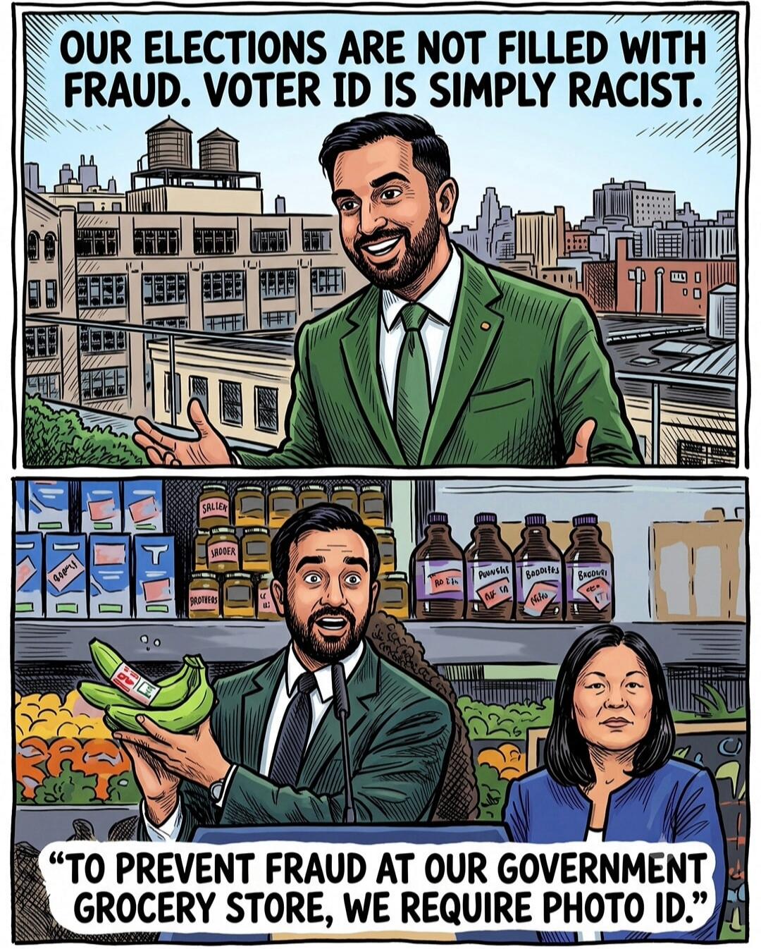 OUR ELECTIONS ARE NOT FILLED WITH FRAUD. VOTER ID IS SIMPLY RACIST. TO PREVENT FRAUD AT OUR GOVERNMENT GROCERY STORE, WE REQUIRE PHOTO ID.
