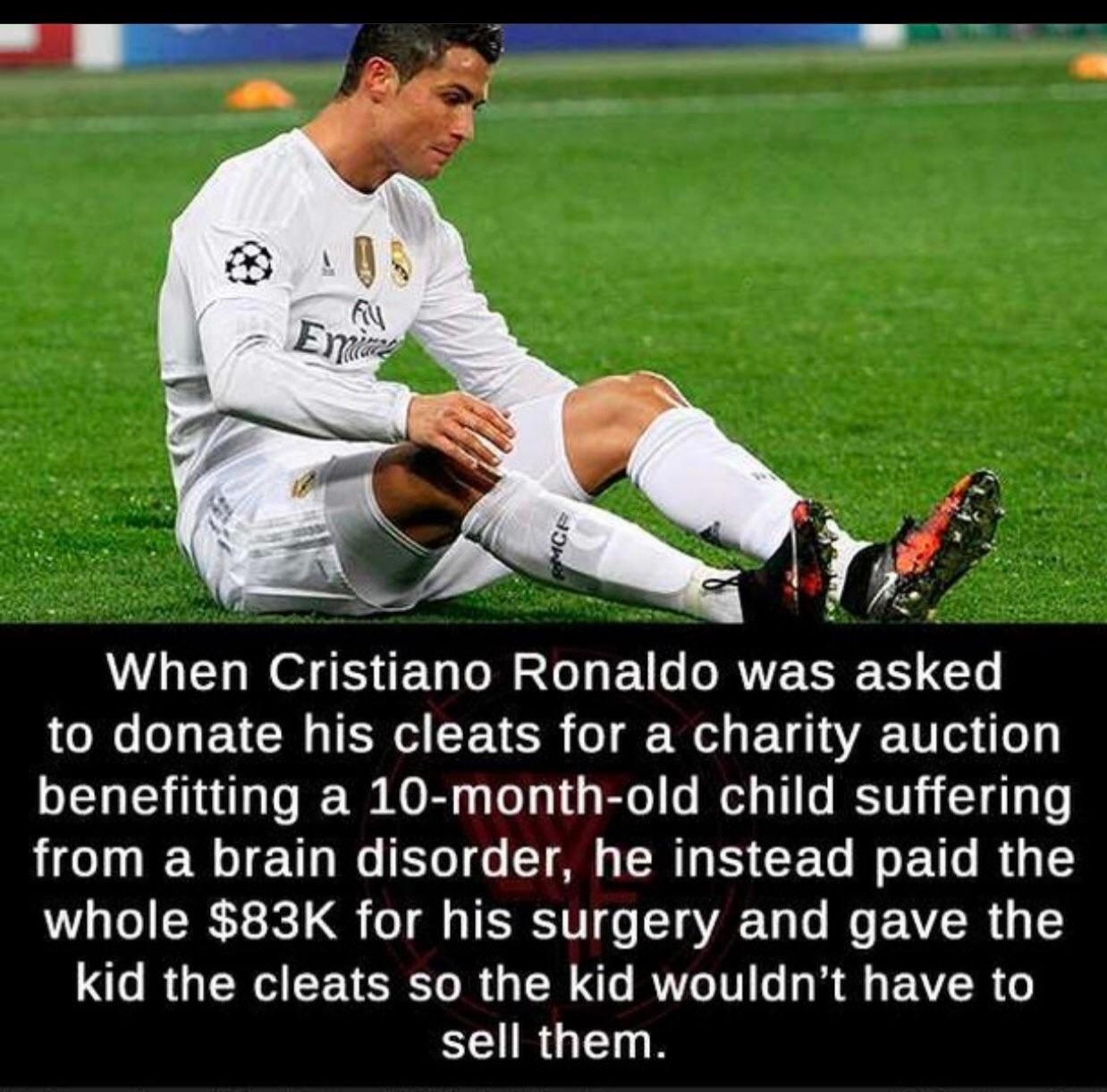 Pes When Cristiano Ronaldo was asked o1 V s TS N 53 o g WA g L g A LU d oy benefitting a 10 month old child suffering from a brain disorder he instead paid the whole 83K for his surgery and gave the kid the cleats so the kid wouldnt have to sell them