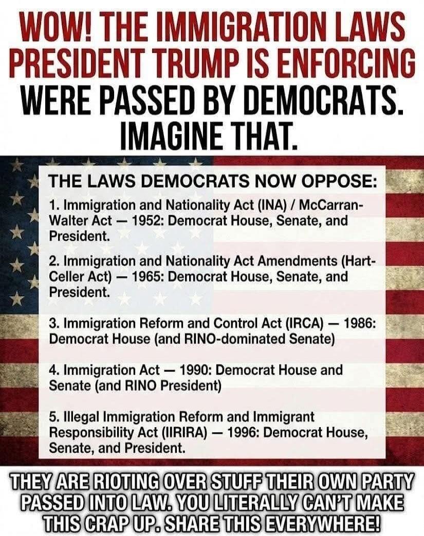 WOW! THE IMMIGRATION LAWS PRESIDENT TRUMP IS ENFORCING WERE PASSED BY DEMOCRATS. IMAGINE THAT.\n\nTHE LAWS DEMOCRATS NOW OPPOSE:\n1. Immigration and Nationality Act (INA) / McCarran-Walter Act — 1952: Democrat House, Senate, and President.\n2. Immigration and Nationality Act Amendments (Hart-Celler Act) — 1965: Democrat House, Senate, and President