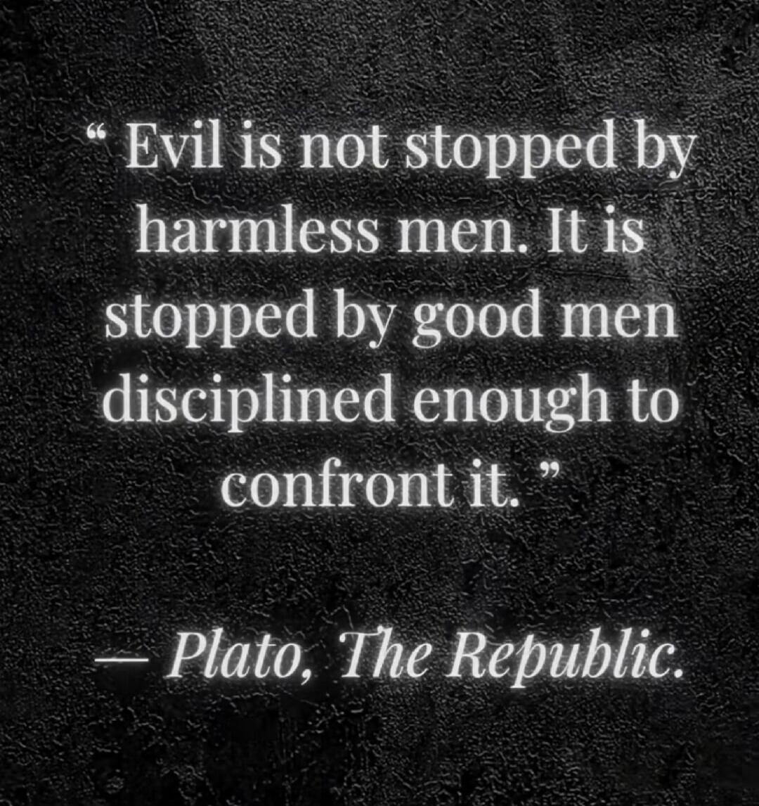 Evil is not stopped by harmless men. It is stopped by good men disciplined enough to confront it. - Plato, The Republic.