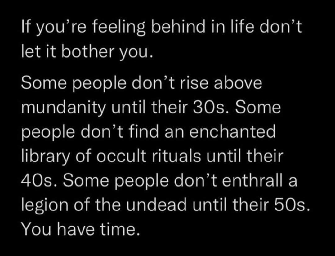 If youre feeling behind in life dont let it bother you Some people dont rise above mundanity until their 30s Some people dont find an enchanted library of occult rituals until their 40s Some people dont enthrall a legion of the undead until their 50s ACIVIGE VRN