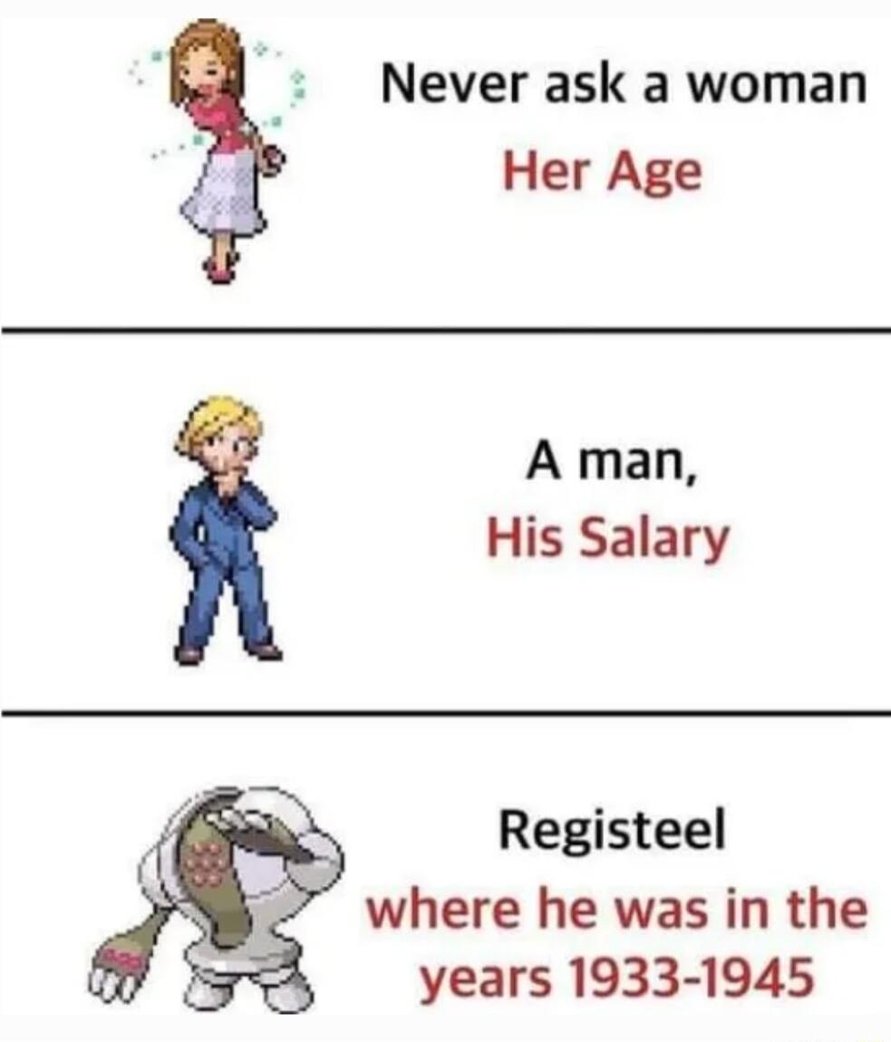 Never ask a woman Her Age A man His Salary r Registeel where he was in the years 1933 1945