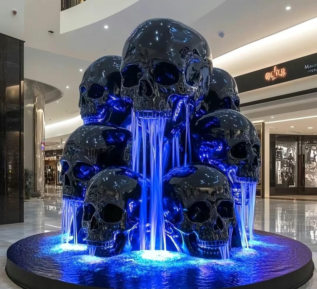 Skull fountain sculpture with blue lighting.