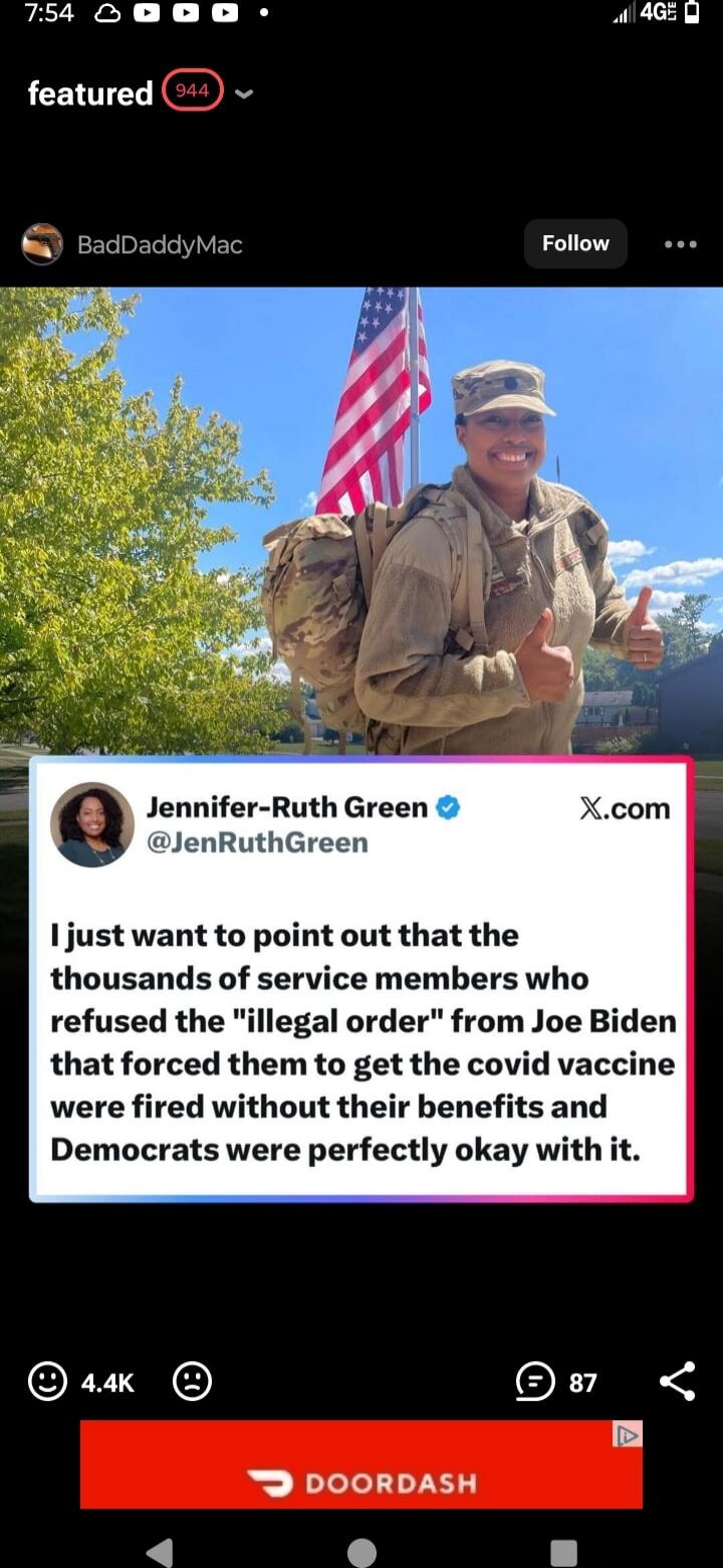 Jennifer-Ruth Green @JenRuthGreen I just want to point out that the thousands of service members who refused the 'illegal order' from Joe Biden that forced them to get the covid vaccine were fired without their benefits and Democrats were perfectly okay with it.