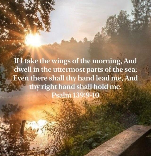 If I take the wings of the morning, And dwell in the uttermost parts of the sea; Even there shall thy hand lead me, And thy right hand shall hold me. Psalm 139:9-10
