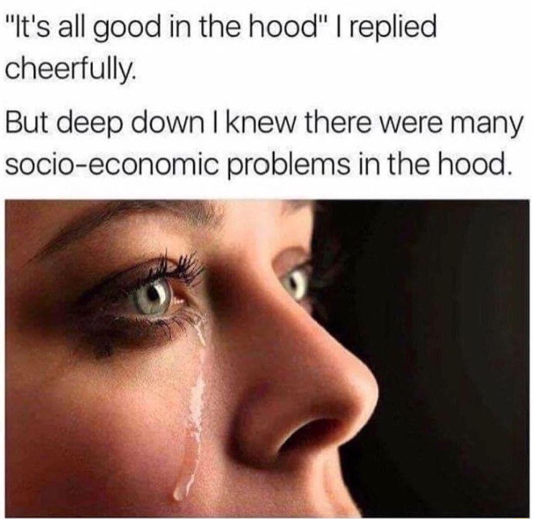 Its all good in the hood replied cheerfully But deep down knew there were many socio economic problems in the hood