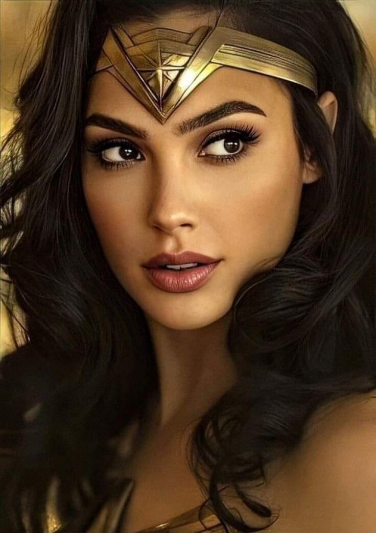 A woman wearing a golden Wonder Woman headpiece with long dark hair.