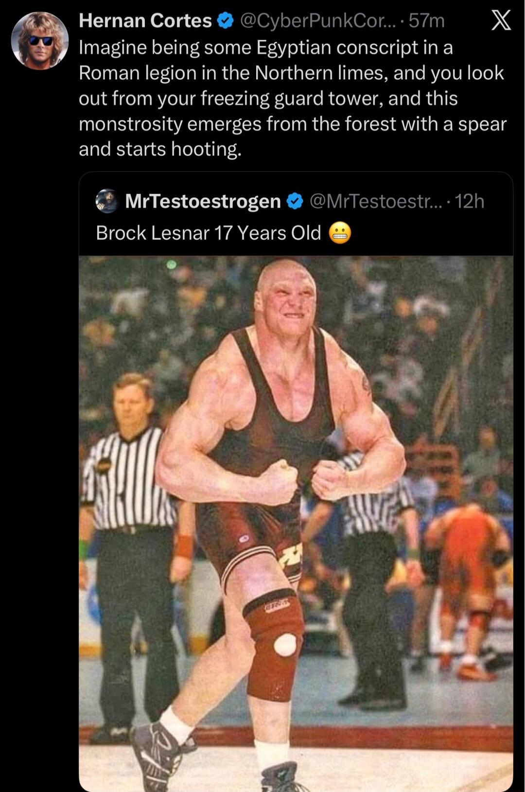 Hernan Cortes @CyberPunkCor... Imagine being some Egyptian conscript in a Roman legion in the Northern limes, and you look out from your freezing guard tower, and this monstrosity emerges from the forest with a spear and starts hooting.
MrTestoestorogen @MrTestoestro... Brock Lesnar 17 Years Old 😬