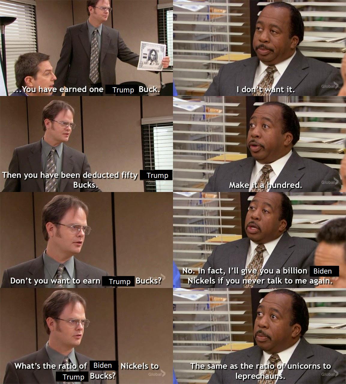 R hL M vm Tmp B Dont you w0 ear Trump BUCKETR nper ek o me sy Whats the ratifl of Biden Nickels to T e as the rf o inicorns to BiEE Topredal