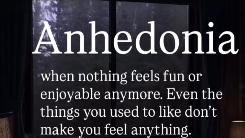 Anhedonia
when nothing feels fun or enjoyable anymore. Even the things you used to like don’t make you feel anything.