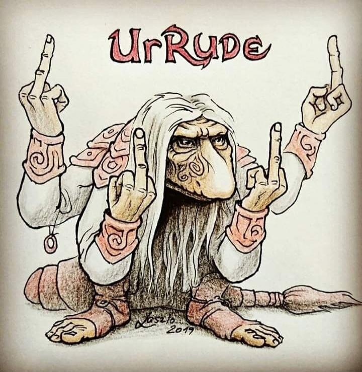 The text on the image reads 'UrRyde', which is a stylized way of saying 'Ur Rude'. The creature depicted is showing the middle finger with all four of its hands.