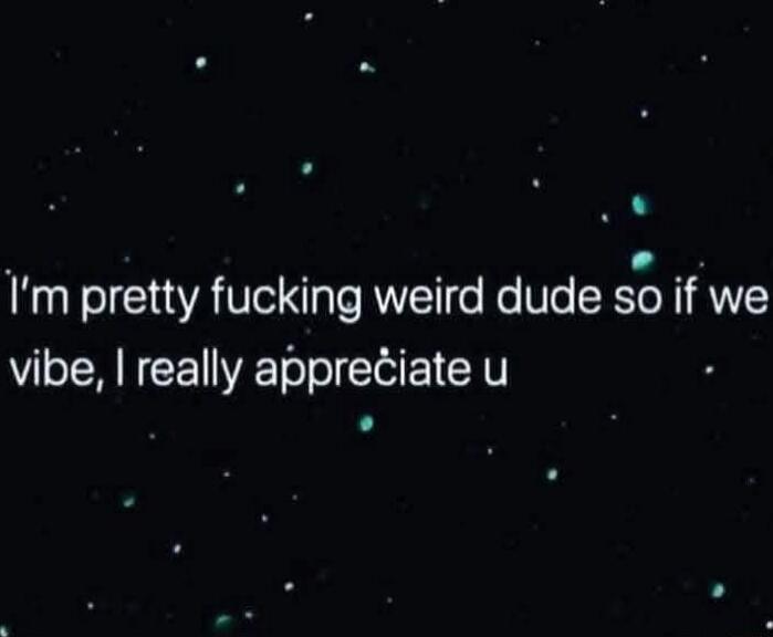 I'm pretty fucking weird dude so if we vibe, I really appreciate u