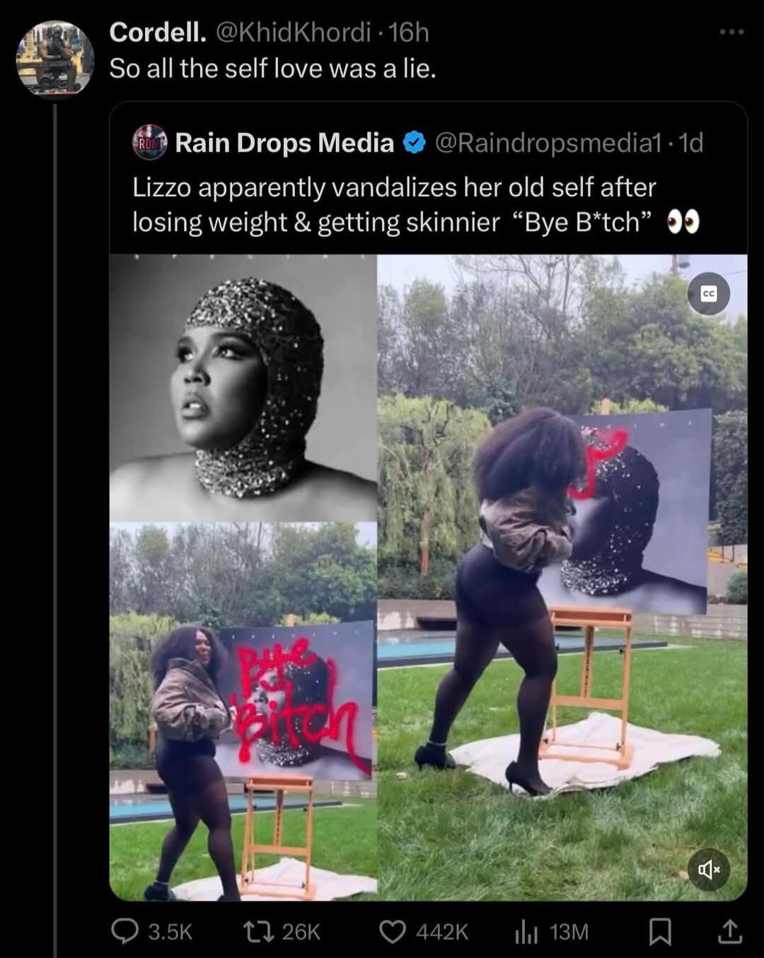 Cordell KhidKhordi 16h REEIRGEELISCIENERENI TS 4 Rain Drops Media Raindropsmedial 1d Lizzo apparently vandalizes her old self after losing weight getting skinnier Bye Btch 99