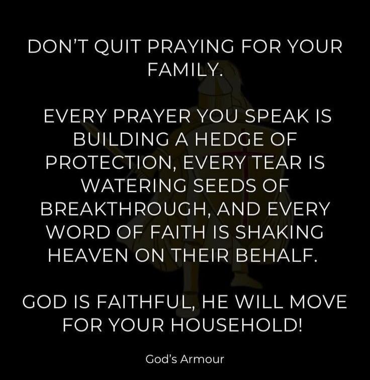 DON'T QUIT PRAYING FOR YOUR FAMILY. EVERY PRAYER YOU SPEAK IS BUILDING A HEDGE OF PROTECTION, EVERY TEAR IS WATERING SEEDS OF BREAKTHROUGH, AND EVERY WORD OF FAITH IS SHAKING HEAVEN ON THEIR BEHALF. GOD IS FAITHFUL, HE WILL MOVE FOR YOUR HOUSEHOLD! God's Armour