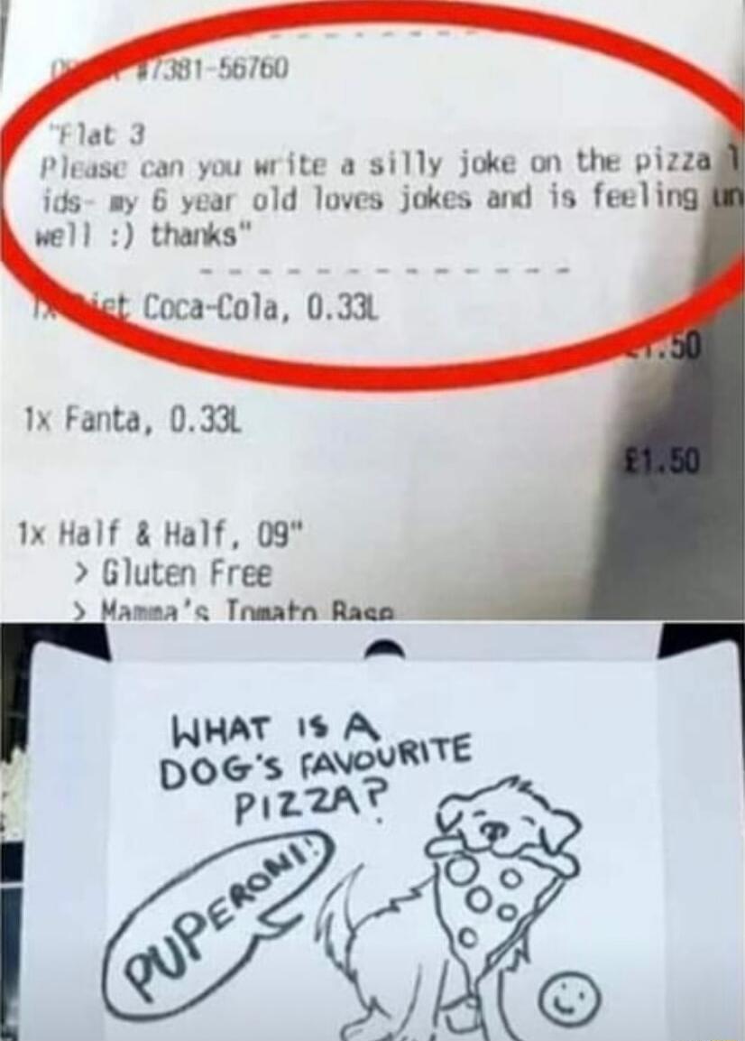 31 56760 Flat 3 Please can you write a silly joke on the pizzal ids my 6 year old loves jokes and is feeling well thanks Coca Cola 033L 1x Fanta 033L Ix Half Half 09 Gluten Free Mammas Tnmatn Raes HAT 5 A W
