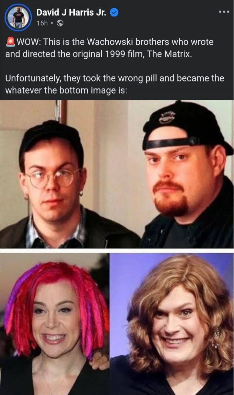 David J Harris Jr. 16h WOW: This is the Wachowski brothers who wrote and directed the original 1999 film, The Matrix. Unfortunately, they took the wrong pill and became the whatever the bottom image is: