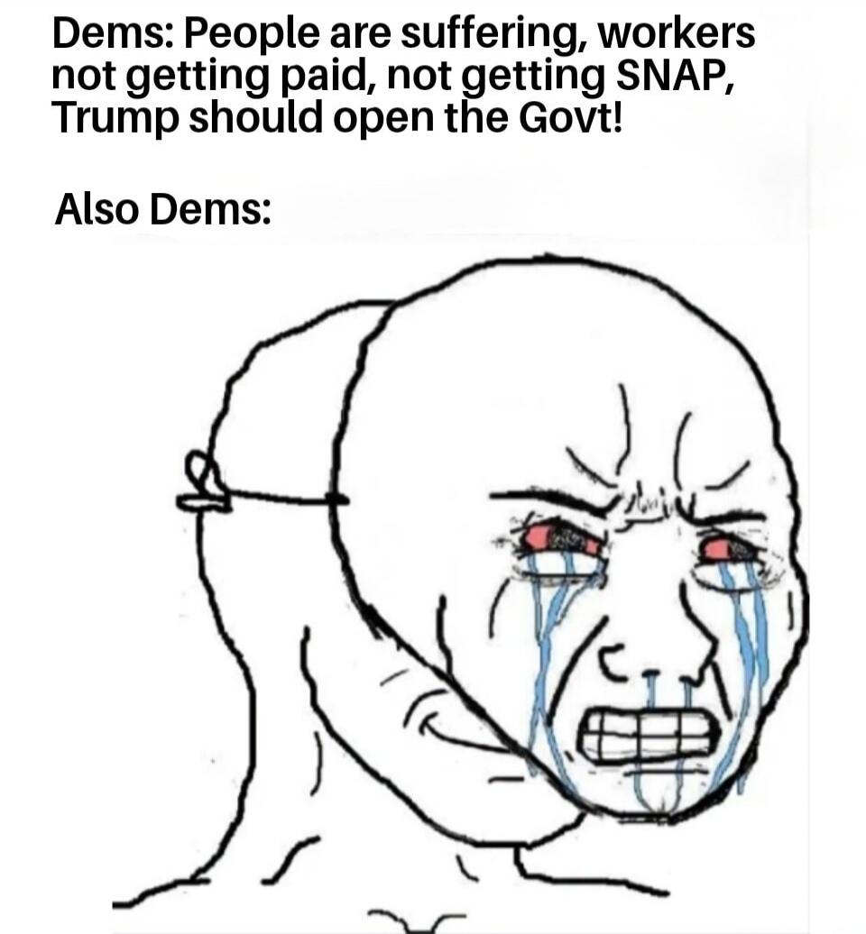Dems: People are suffering, workers not getting paid, not getting SNAP, Trump should open the Govt! Also Dems: