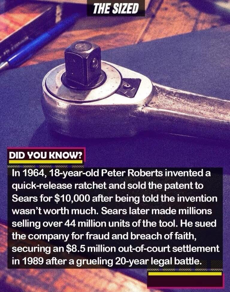 THE SIZED. DID YOU KNOW? In 1964, 18-year-old Peter Roberts invented a quick-release ratchet and sold the patent to Sears for $10,000 after being told the invention wasn't worth much. Sears later made millions selling over 44 million units of the tool. He sued the company for fraud and breach of faith, securing an $8.5 million out-of-court settleme