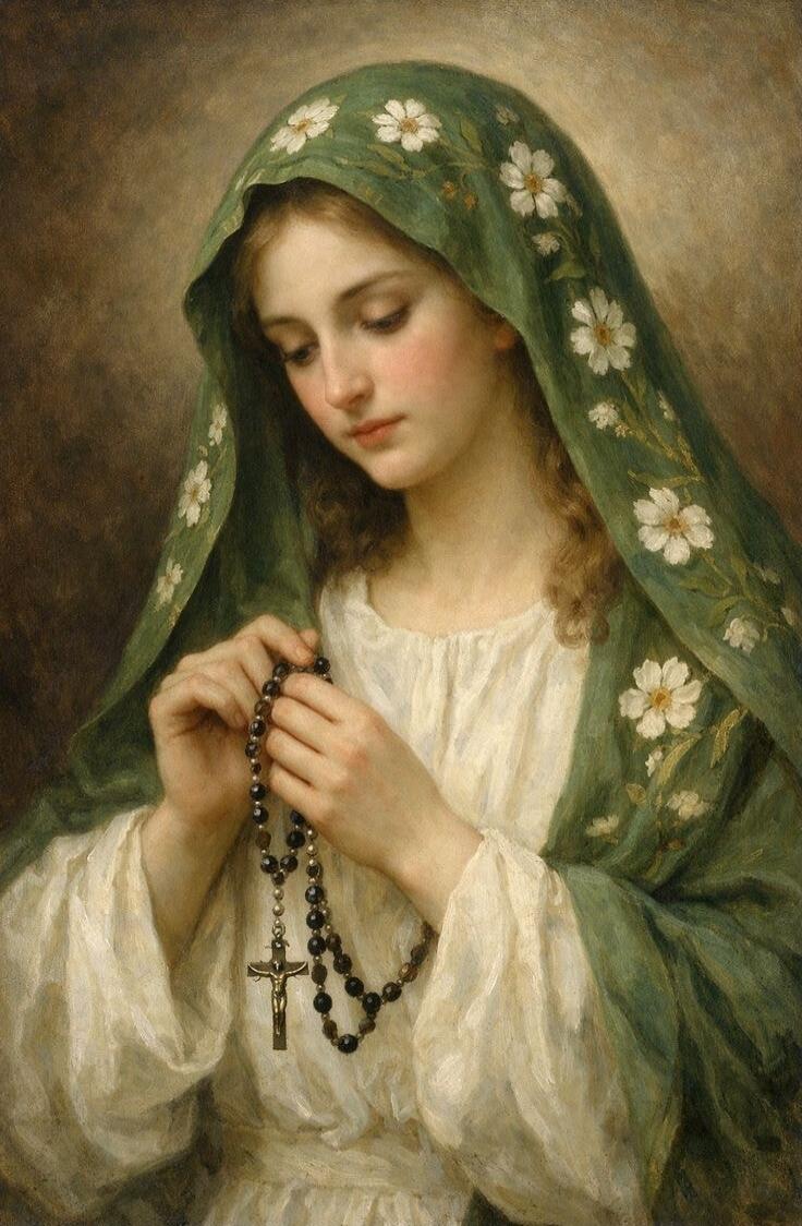 A classic painting of a young girl in a green veil with white flowers, praying with a rosary.