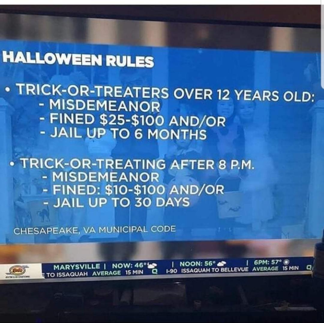 HALLOWEEN RULES TRICK OR TREATERS OVER 12 YEARS OLD MISDEMEANOR N FINED 25 100 ANDOR JAIL URTO 6 MONTHS TRICK OR TREATING AFTER 8 PM MISDEMEANOR FINED 10 100 ANDOR ERUVNIBULE ol ol TN CHESAREAKE VA MUNICIPAL CODE rruuvwn