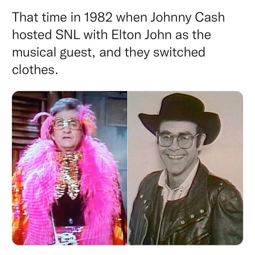 That time in 1982 when Johnny Cash hosted SNL with Elton John as the musical guest and they switched clothes