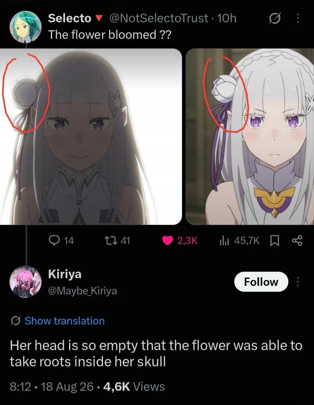 The flower bloomed ?? Her head is so empty that the flower was able to take roots inside her skull