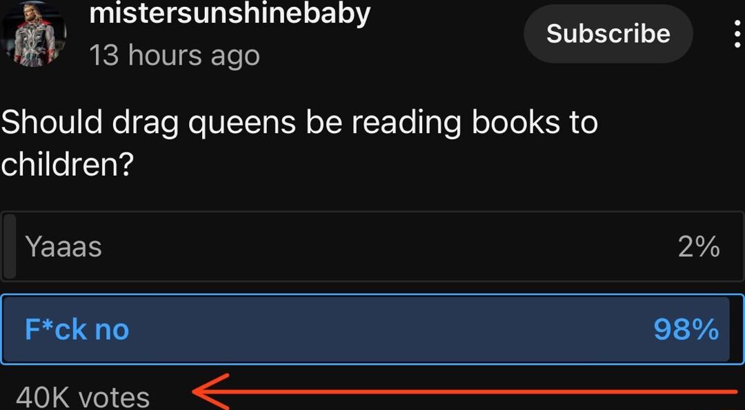 i mistersunshinebaby Subscribe 13 hours ago 1 Should drag queens be reading books to children Yaaas 2 40K votes o u o