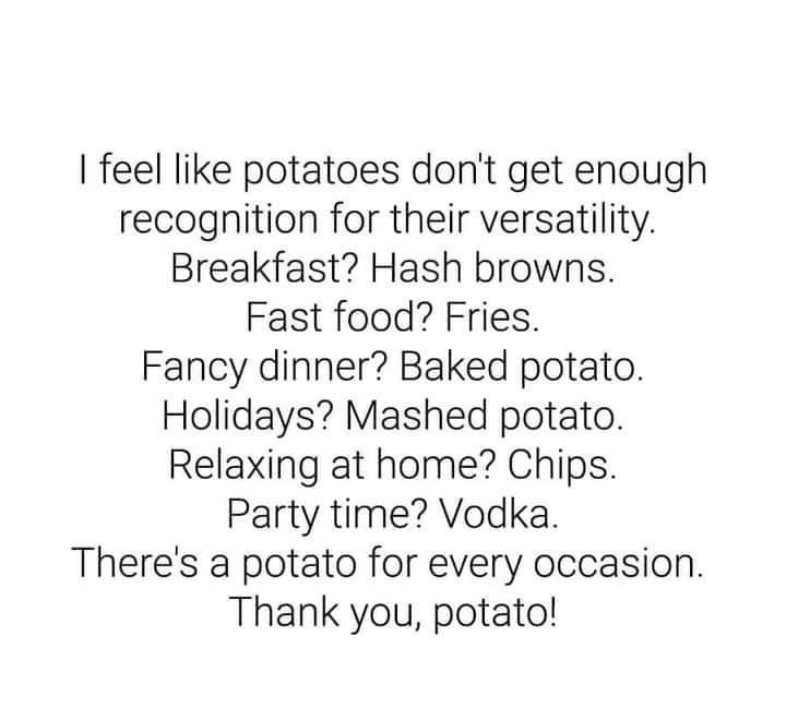 feel like potatoes dont get enough recognition for their versatility Breakfast Hash browns Fast food Fries Fancy dinner Baked potato Holidays Mashed potato Relaxing at home Chips Party time Vodka Theres a potato for every occasion Thank you potato
