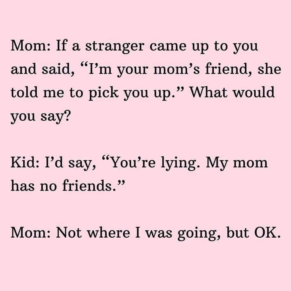 Mom If a stranger came up to you and said Im your moms friend she told me to pick you up What would you say Kid Id say Youre lying My mom has no friends Mom Not where I was going but OK