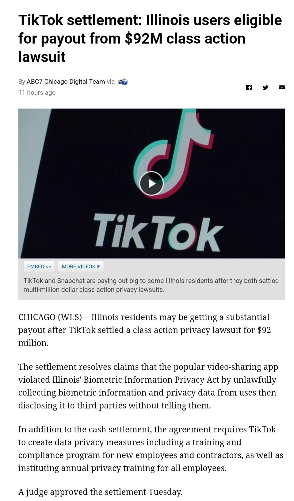 TikTok settlement lllinois users eligible for payout from 92M class action lawsuit ABC Chicago DigtalTeam via TiKTok and Snapcha are paying out ig to some s fesdents after they bth sefied mulimition dolar class action privacy lawsuits CHICAGO WLS Illinois residents may be getting a substantial payout after TikTok settled a class action privacy lawsuit for 92 million The settlement resolves claims 