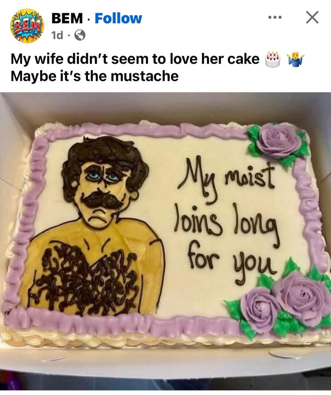 BEM Follow X I 1d Q My wife didnt seem to love her cake Maybe its the mustache