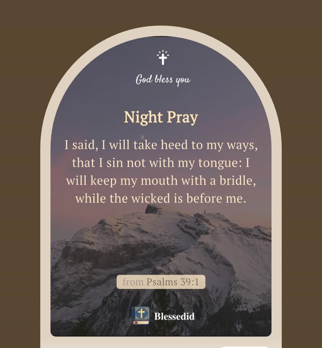 God bless you. Night Pray. I said, I will take heed to my ways, that I sin not with my tongue: I will keep my mouth with a bridle, while the wicked is before me. from Psalms 39:1. Blessedid.